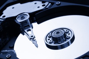 Closeup of open hard drive